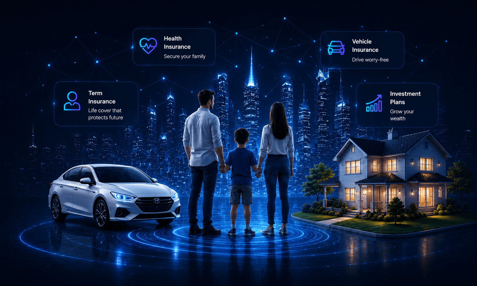 A family protected by QuickInsure's AI-powered insurance ecosystem, with their car and home connected through a glowing network