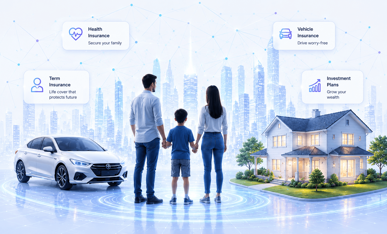 A family protected by QuickInsure's AI-powered insurance ecosystem, with their car and home connected through a glowing network