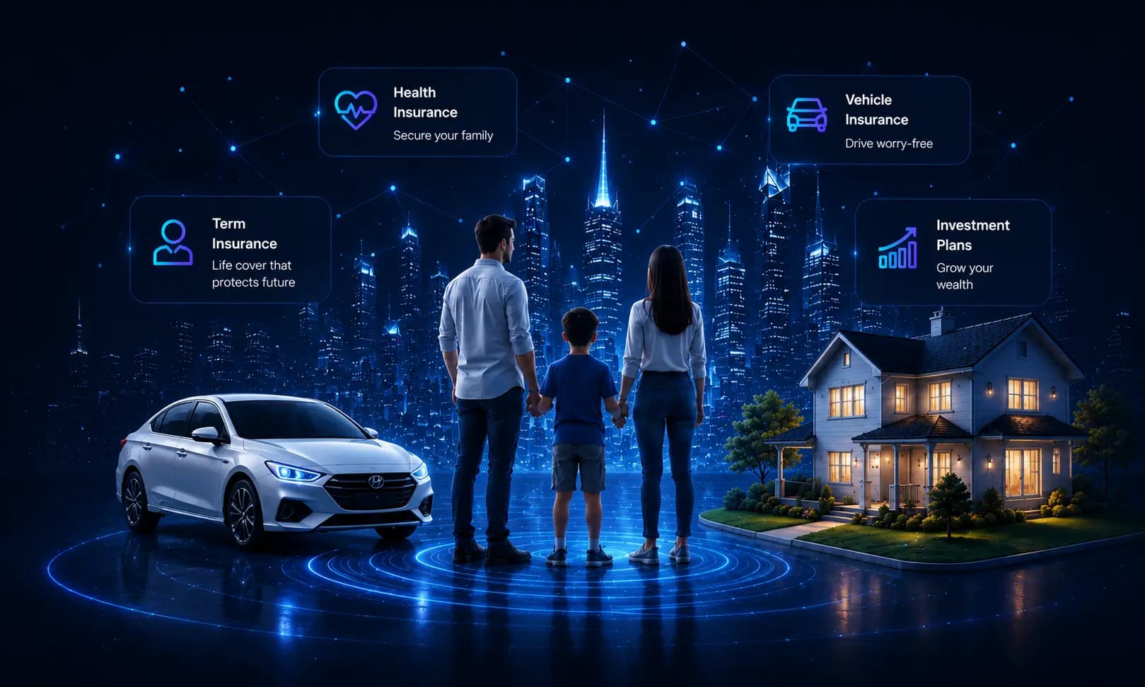 A family protected by QuickInsuree's AI-powered insurance ecosystem, with their car and home connected through a glowing network