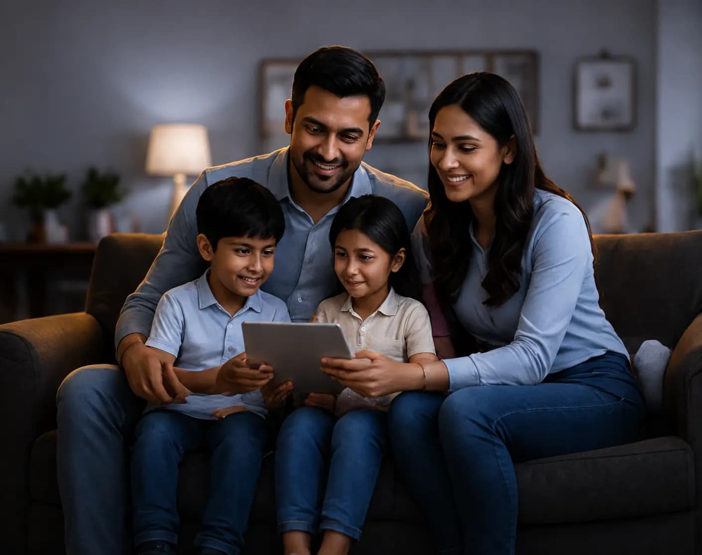 A family smiling together while looking at a tablet, representing the QuickInsuree community